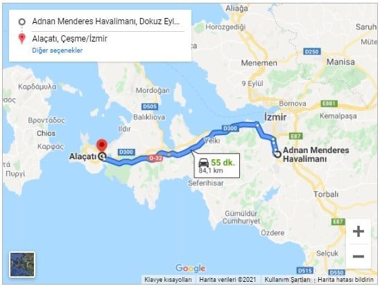 İzmir Havalimanı Alaçatı arası 84km