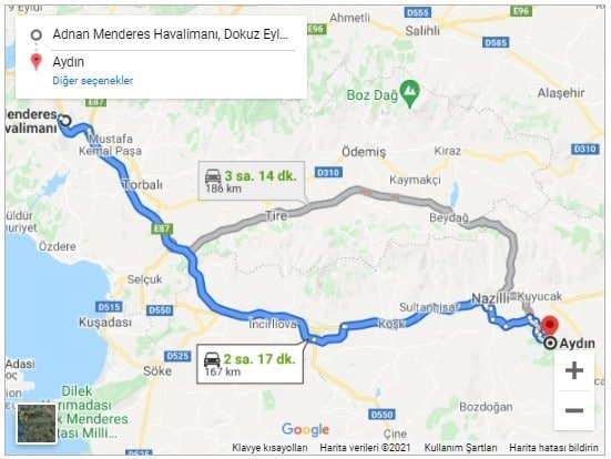 İzmir Havalimanı Aydın Arası 167km