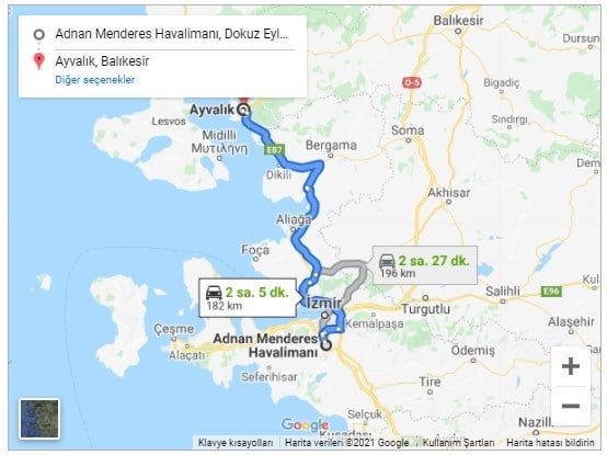 İzmir Havalimanı Ayvalık Arası 182km