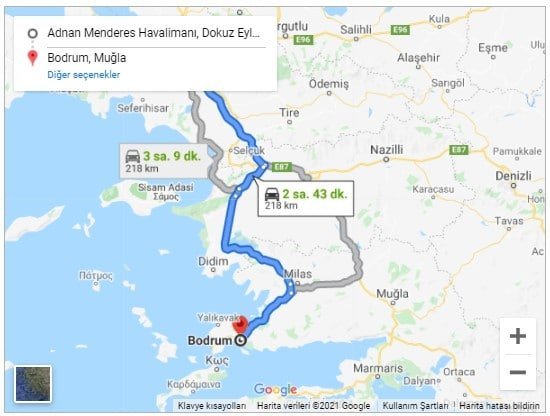 İzmir Havalimanı Bodrum Arası 218km