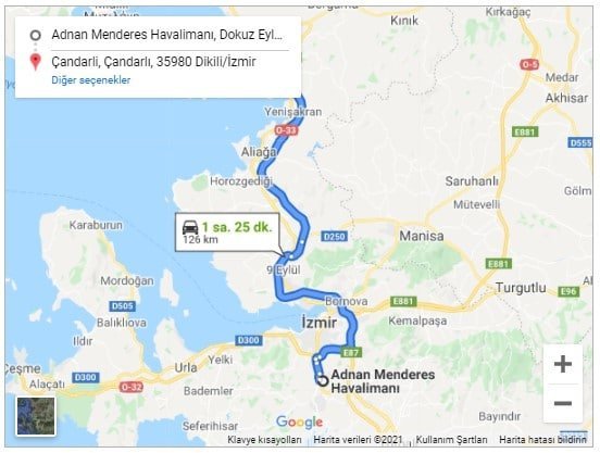 İzmir Havalimanı Çandarlı Arası 126km