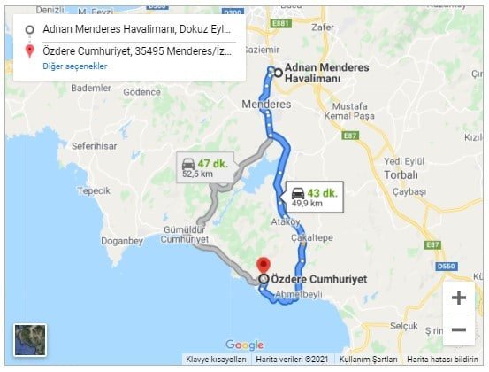 İzmir Havalimanı Özdere Arası 50km