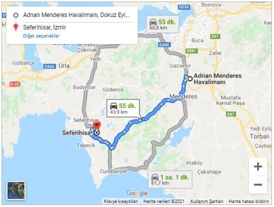 İzmir Havalimanı Seferihisar Arası 44km