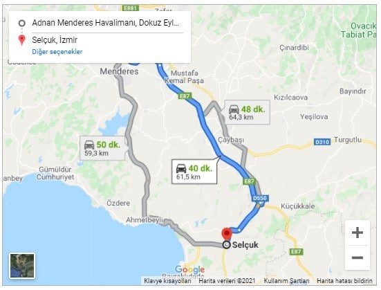 İzmir Havalimanı Selçuk Arası 61,5km