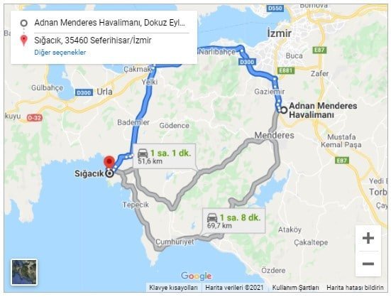 İzmir Havalimanı Sığacık Arası 51,6km
